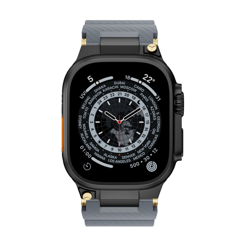 Bracelet silicone gris technique avec détails or pour Apple Watch, modèle Wagner, ajustable.