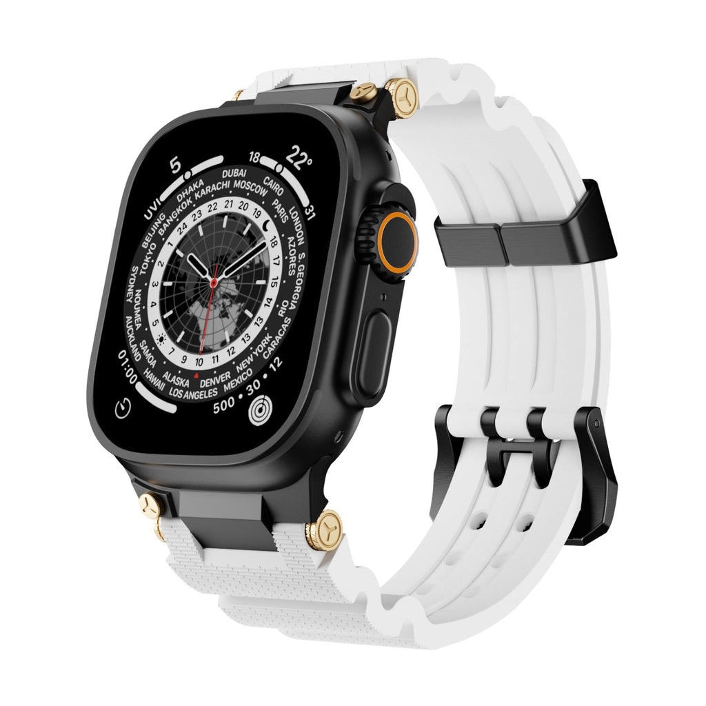 Bracelet Apple Watch en silicone blanc avec détails or, fermoir noir, style technique ajustable.