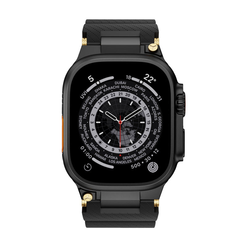 Bracelet Apple Watch en silicone noir à détails or, design technique, modèle Wagner, ajustable.