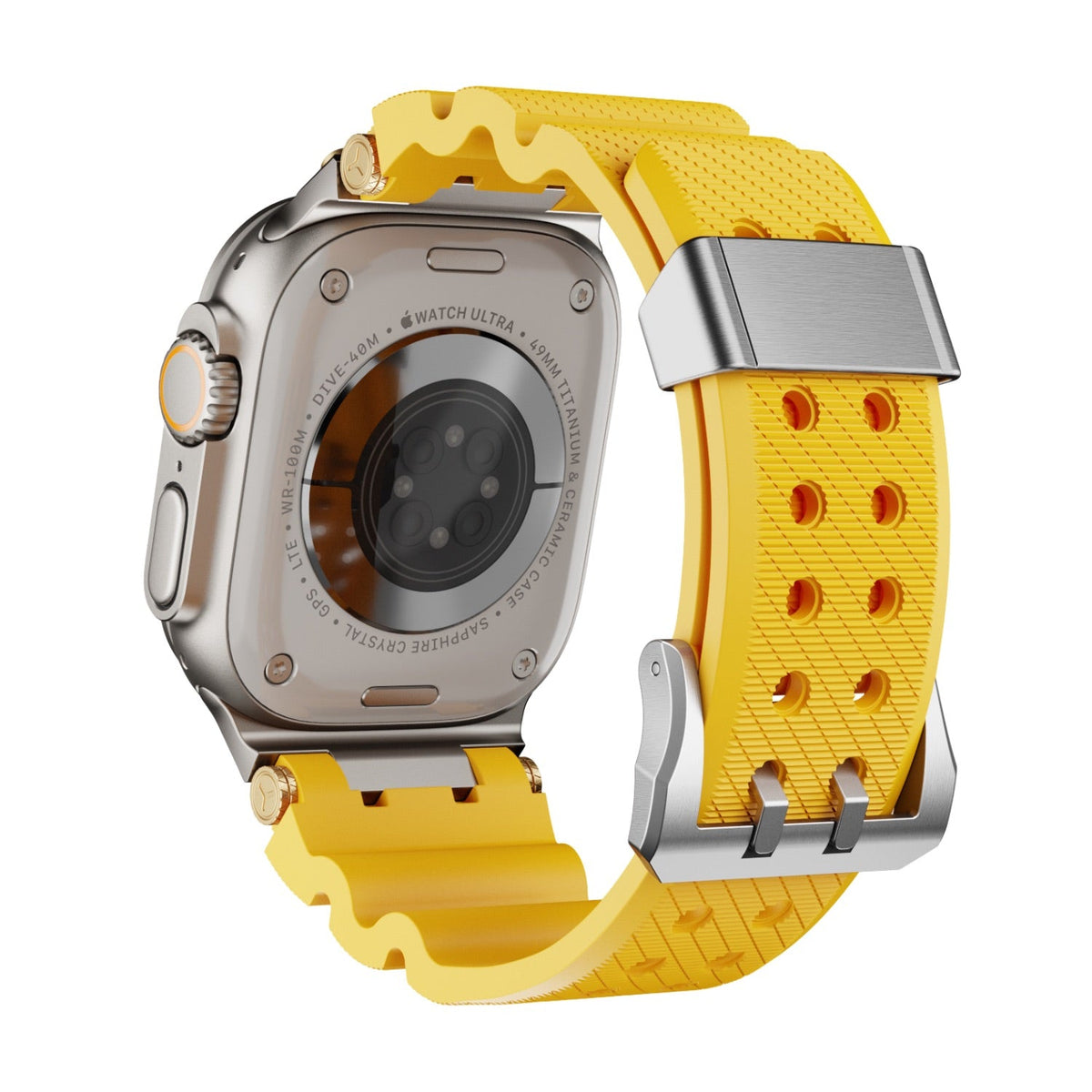 Bracelet silicone jaune à texture technique avec détails métalliques argentés pour Apple Watch.