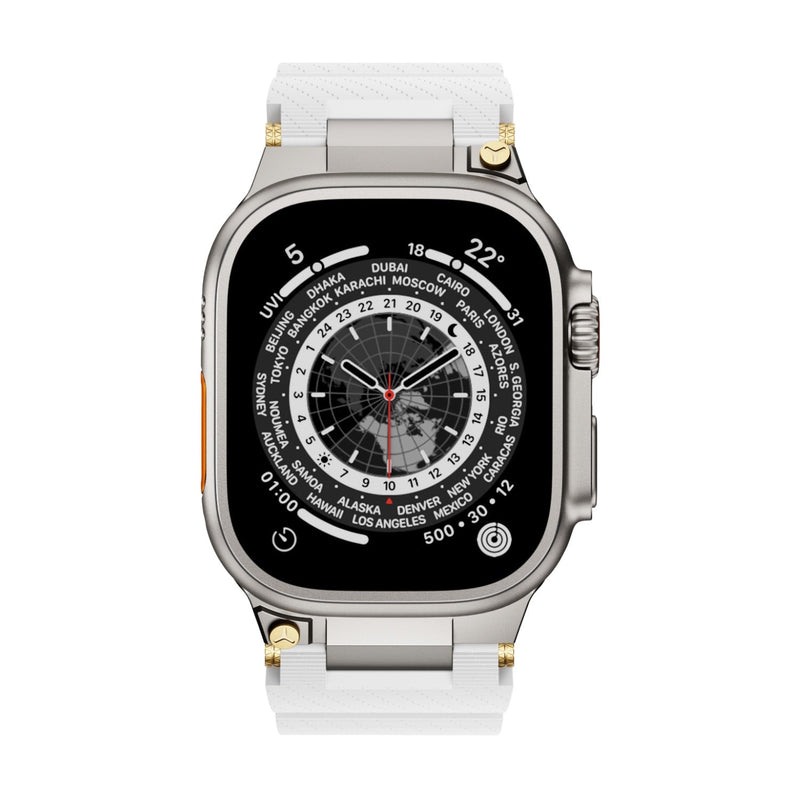 Bracelet silicone blanc à détails or, aspect technique, pour Apple Watch, modèle Wagner, ajustable.