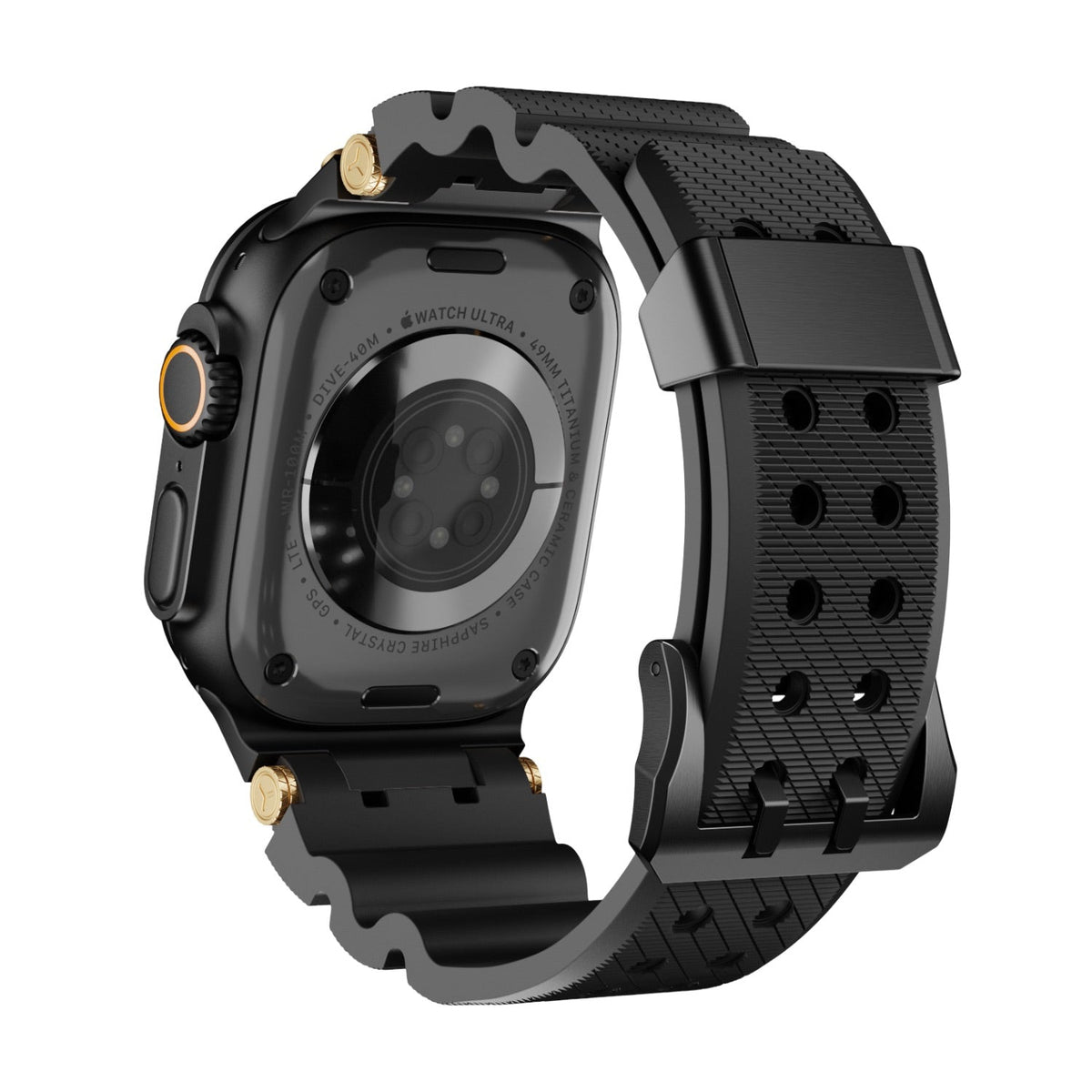 Bracelet en silicone noir technique avec détails or, ajustable pour Apple Watch arrière visible.