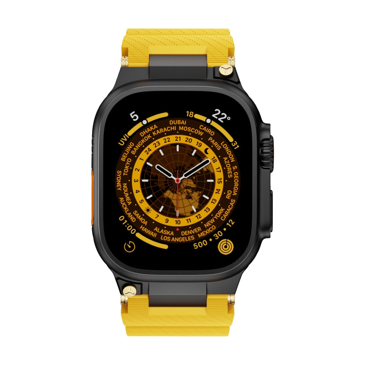 Bracelet silicone jaune avec détails noirs et or pour Apple Watch, modèle Wagner, ajustable.