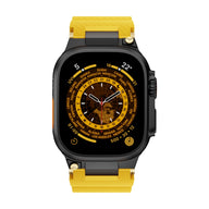 Bracelet silicone jaune avec détails noirs et or pour Apple Watch, modèle Wagner, ajustable.