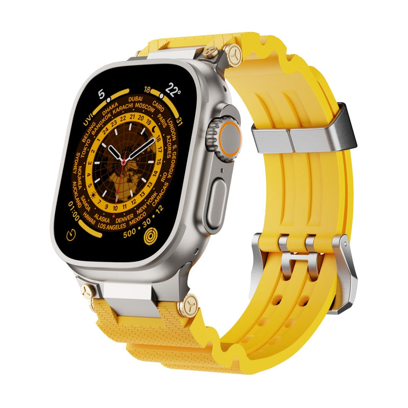 Bracelet silicone jaune vif avec détails argentés pour Apple Watch, style technique ajustable.