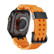 Bracelet silicone orange perforé détails noirs et or ajustable pour Apple Watch noir.