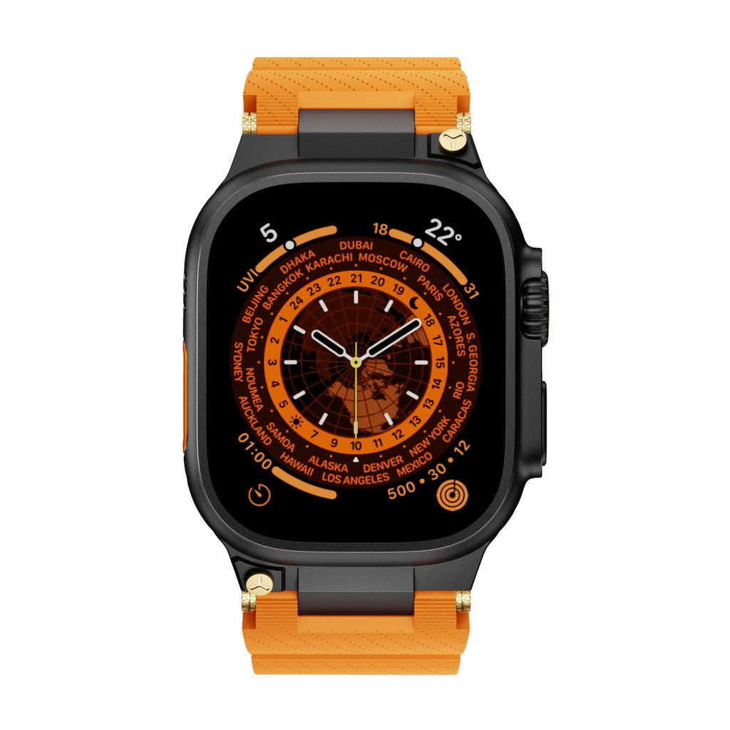 Bracelet silicone orange et noir avec détails or, style technique, pour Apple Watch, modèle Wagner.