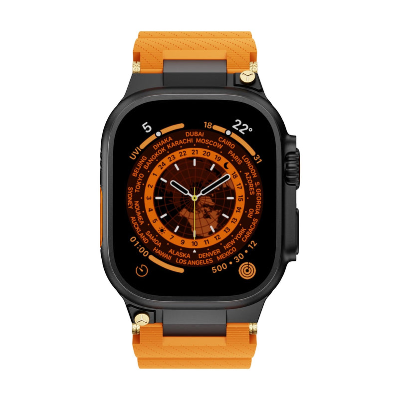 Bracelet silicone orange et noir avec détails or, style technique, pour Apple Watch, modèle Wagner.