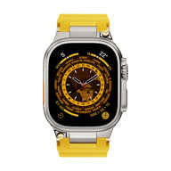 Bracelet en silicone jaune à détails argentés, aspect technique pour Apple Watch, modèle Wagner.