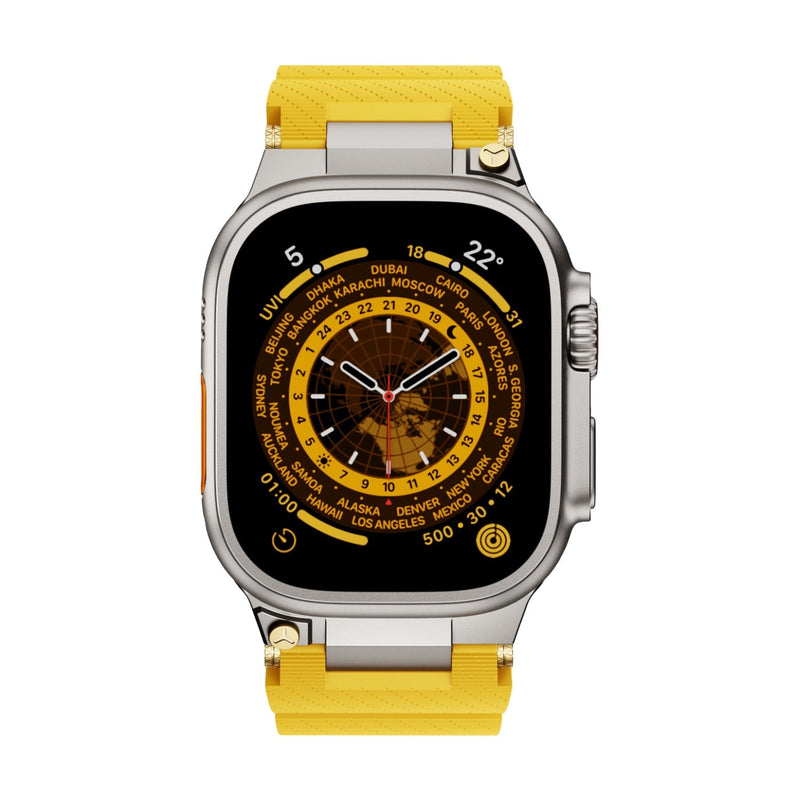 Bracelet en silicone jaune à détails argentés, aspect technique pour Apple Watch, modèle Wagner.