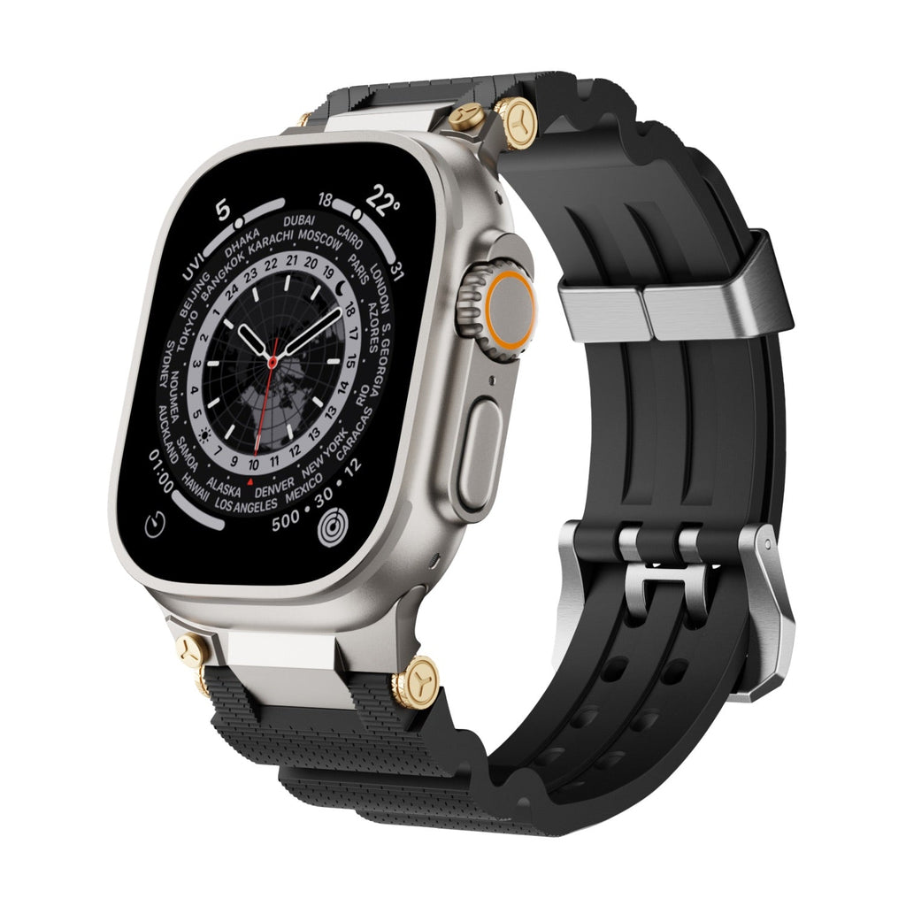 Bracelet silicone noir avec détails or et boucle argent pour Apple Watch modèle Wagner.