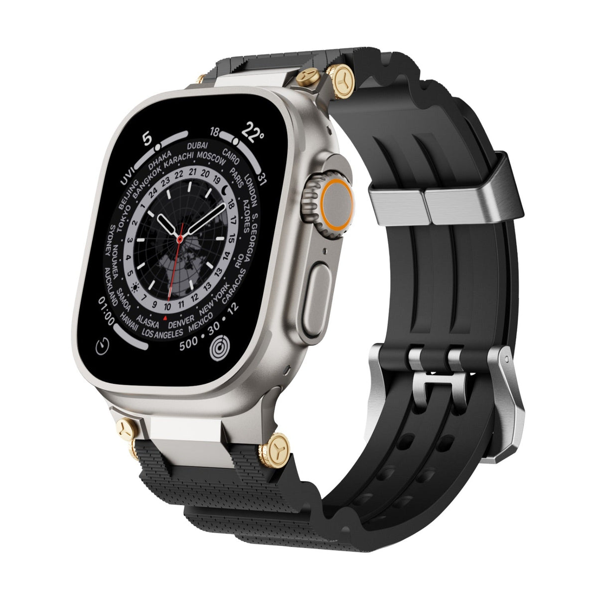 Bracelet silicone noir avec détails or et boucle argent pour Apple Watch modèle Wagner.
