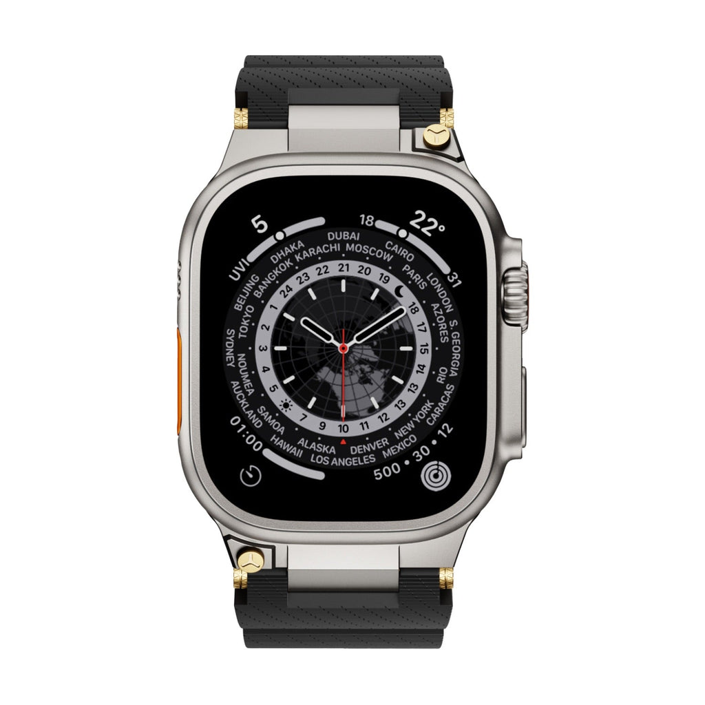 Bracelet silicone noir technique avec détails or, ajustable, pour Apple Watch modèle Wagner.