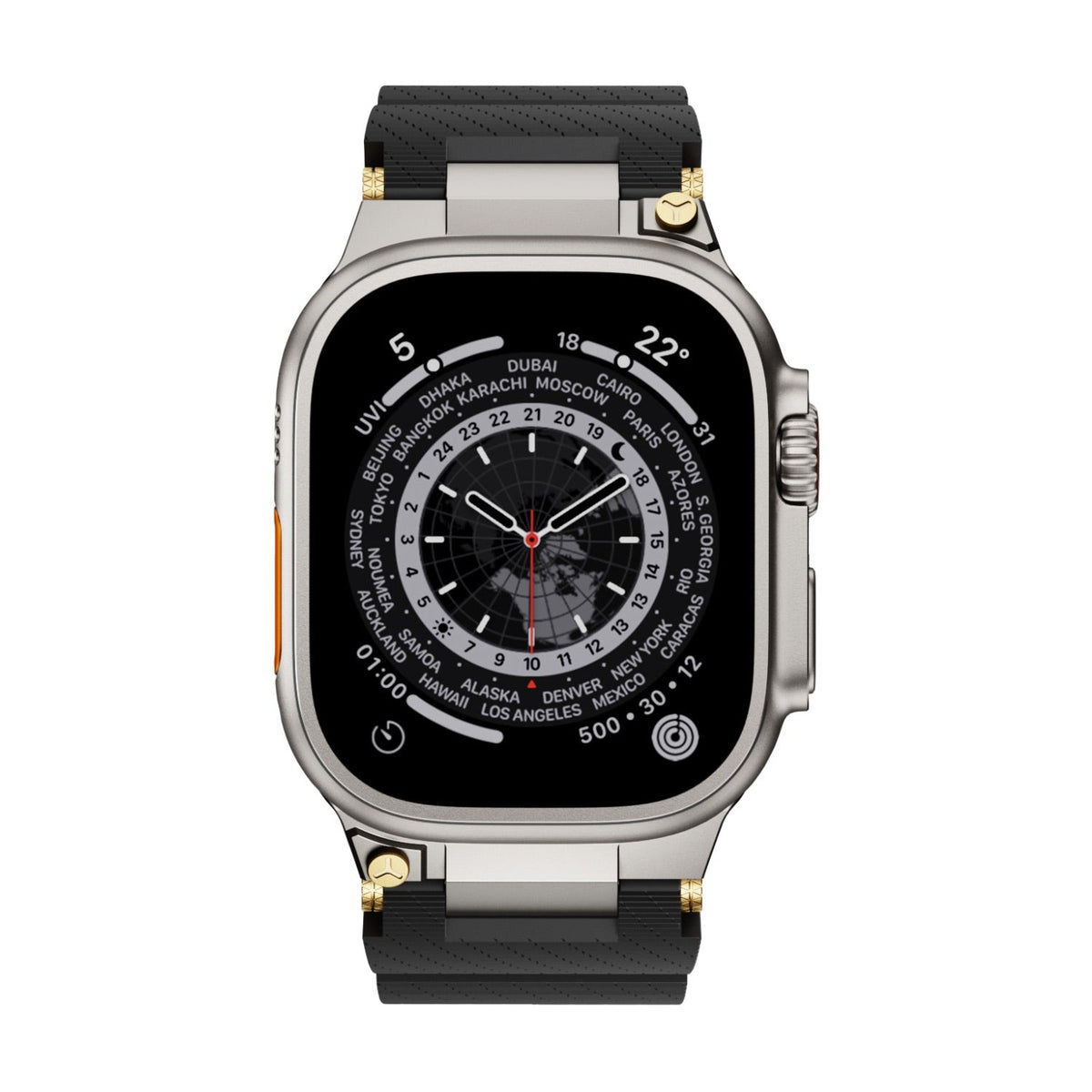 Bracelet silicone noir technique avec détails or, ajustable, pour Apple Watch modèle Wagner.