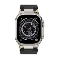 Bracelet silicone noir technique avec détails or, ajustable, pour Apple Watch modèle Wagner.