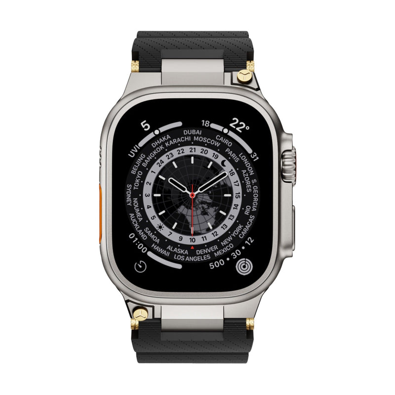 Bracelet silicone noir technique avec détails or, ajustable, pour Apple Watch modèle Wagner.