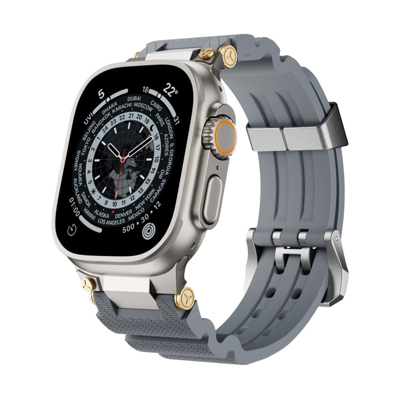 Bracelet silicone gris technique avec détails or, ajustable, pour Apple Watch.