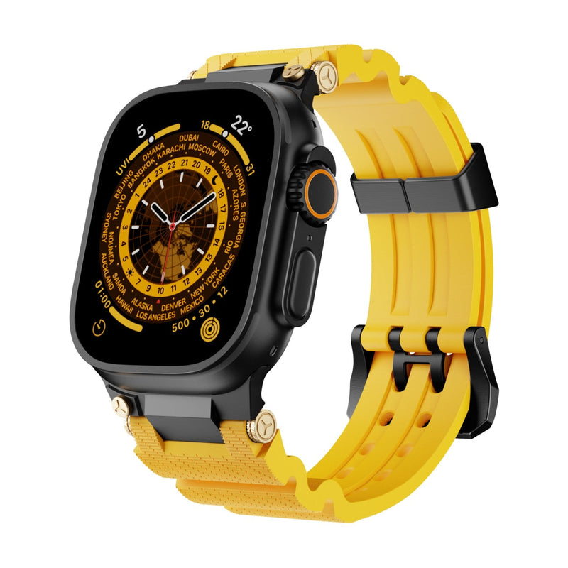 Bracelet silicone jaune avec détails noirs et or, style technique, ajustable pour Apple Watch.