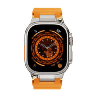 Bracelet silicone orange et argent à détails or pour Apple Watch, ajustable, modèle Wagner.