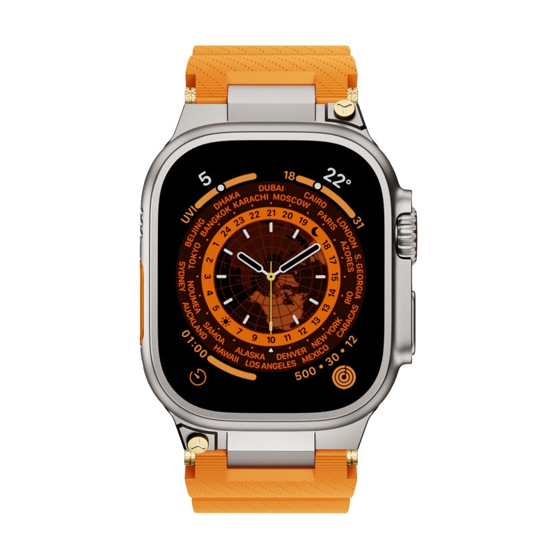 Bracelet silicone orange et argent à détails or pour Apple Watch, ajustable, modèle Wagner.