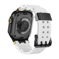 Bracelet Apple Watch en silicone blanc texturé avec détails or et boucle noire ajustable.