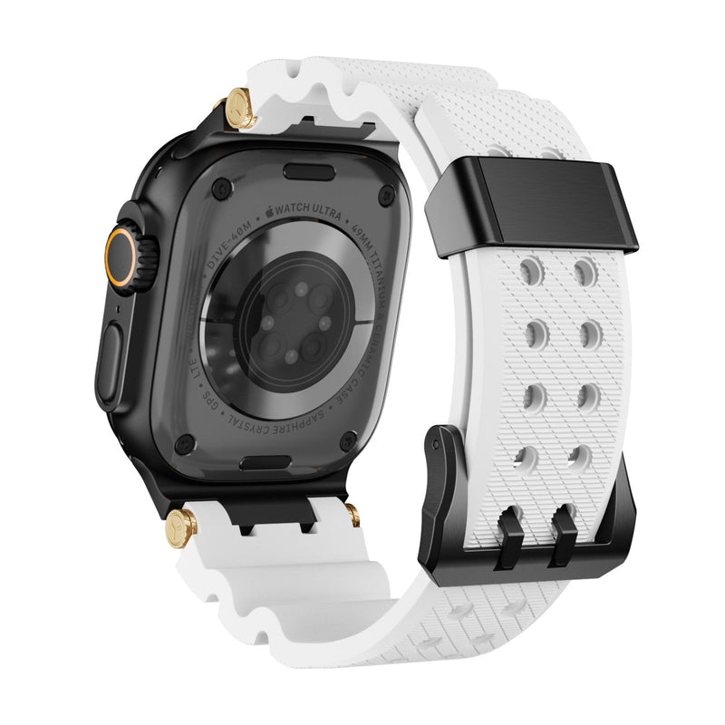 Bracelet Apple Watch en silicone blanc texturé avec détails or et boucle noire ajustable.