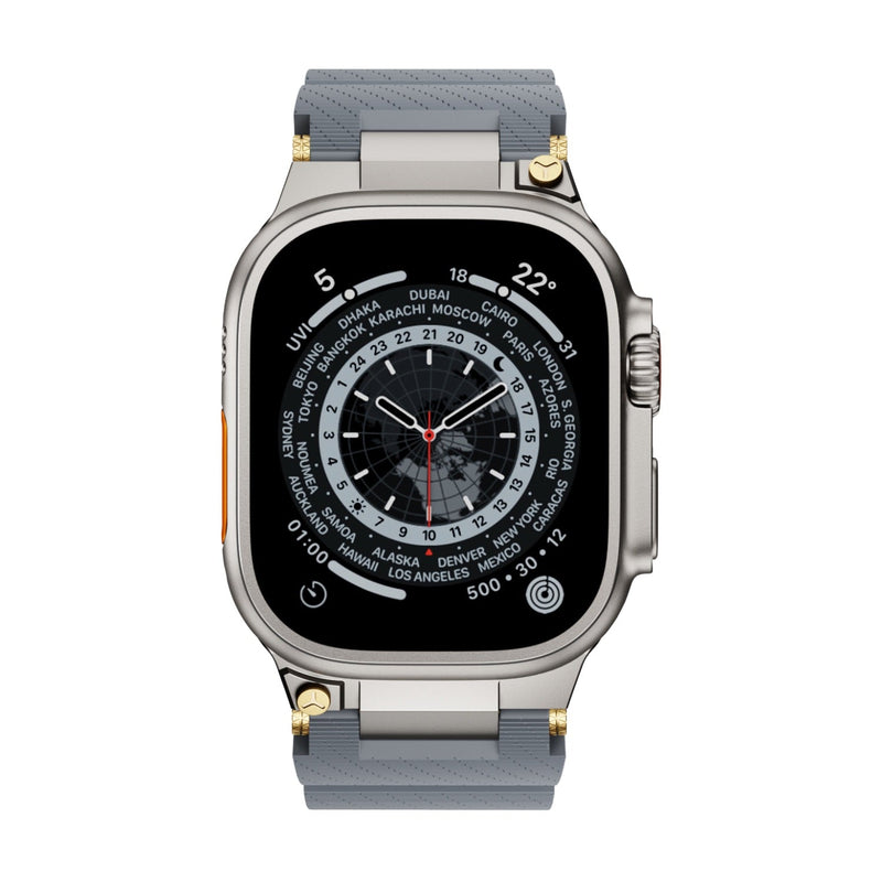 Bracelet en silicone gris à détails or pour Apple Watch, modèle Wagner, ajustable, design technique.