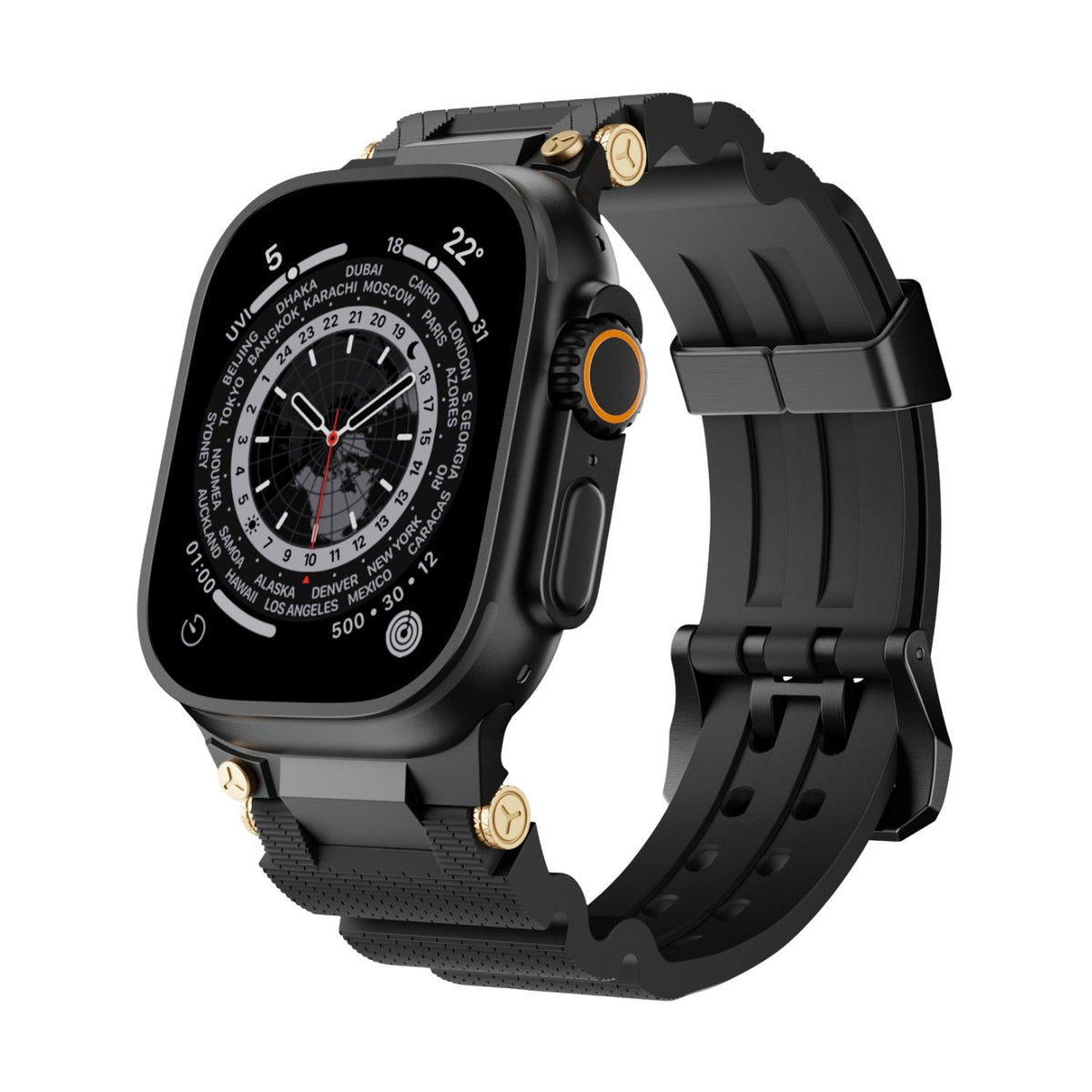 Bracelet silicone noir technique avec détails or, ajustable, pour Apple Watch modèle Wagner, 38-42 mm.