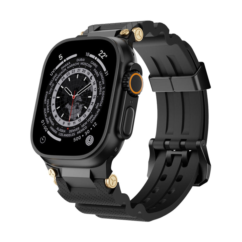 Bracelet silicone noir technique avec détails or, ajustable, pour Apple Watch modèle Wagner, 38-42 mm.