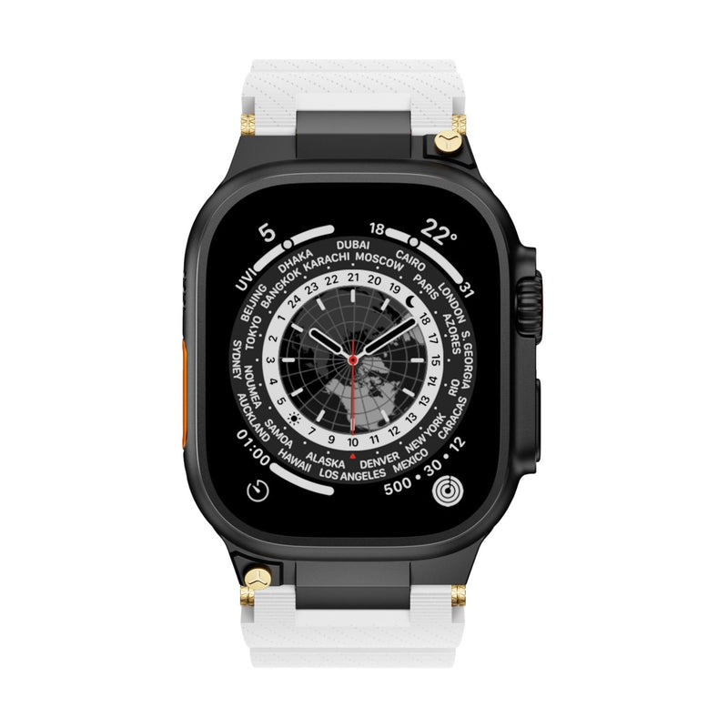 Bracelet silicone blanc et noir avec détails or pour Apple Watch, style technique, ajustable.