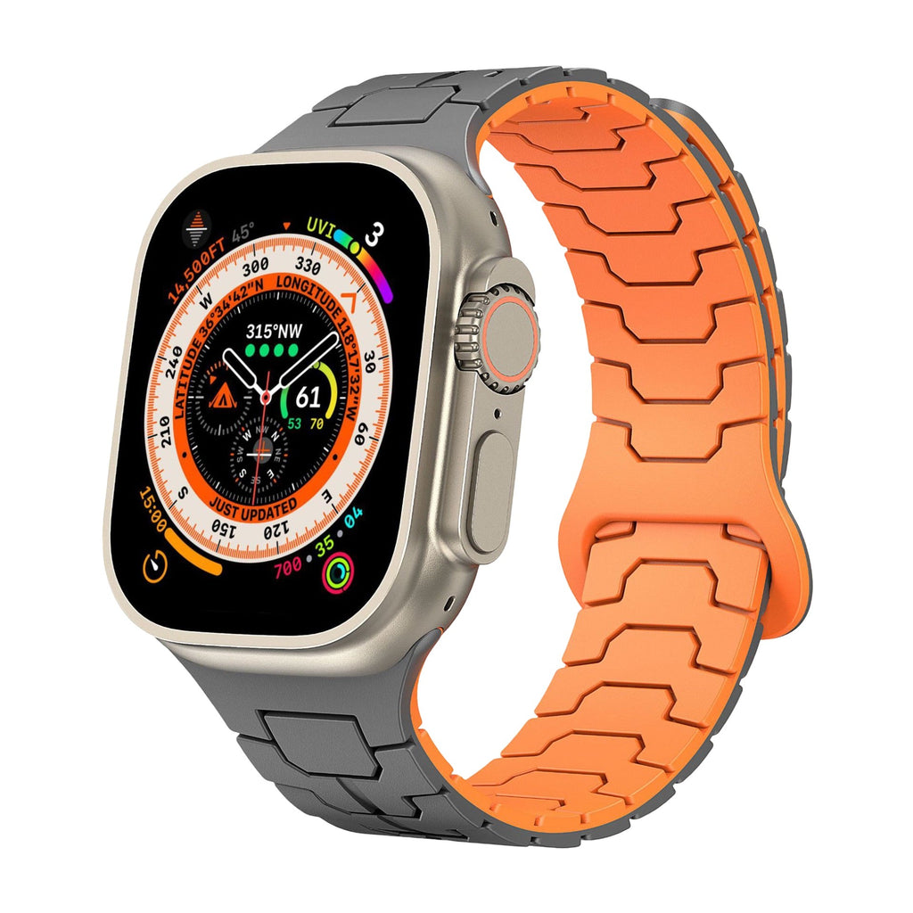 Bracelet Apple Watch silicone technique gris extérieur et orange intérieur, ajustable et résistant.