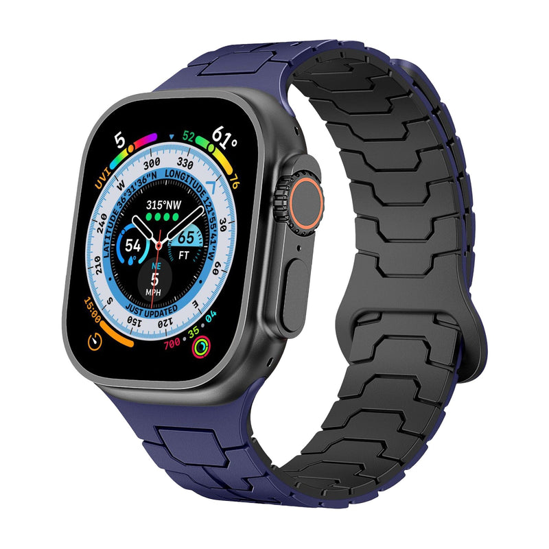 Bracelet en silicone technique bleu et noir ajustable pour Apple Watch, haute résistance.