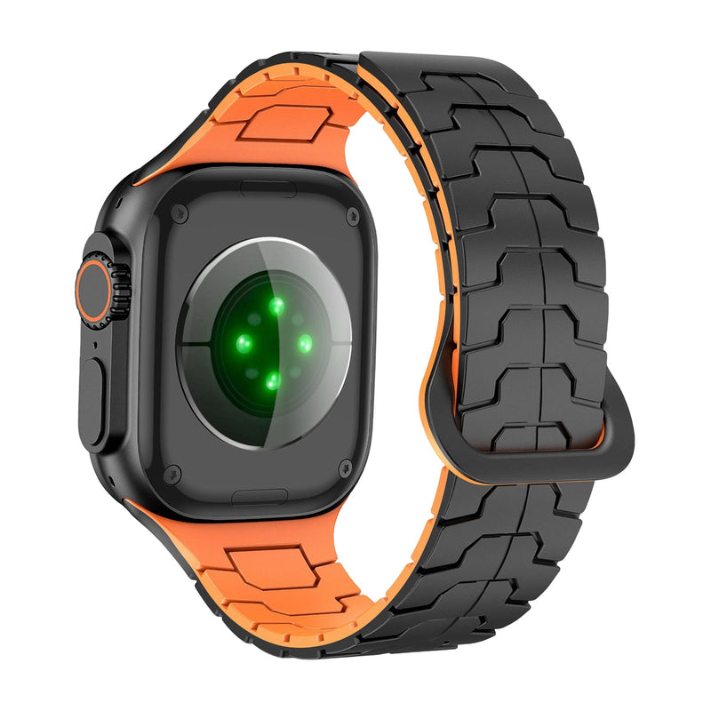 Bracelet en silicone noir et orange à aspect technique, haute résistance, pour Apple Watch, ajustable.
