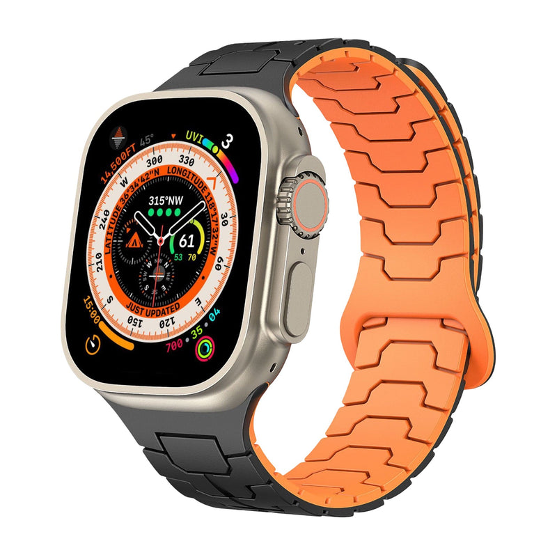 Bracelet en silicone noir et orange, design technique, haute résistance, pour Apple Watch.