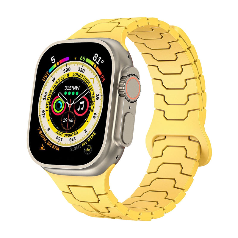 Bracelet silicone jaune à aspect technique pour Apple Watch, design ajustable à maillons robustes.