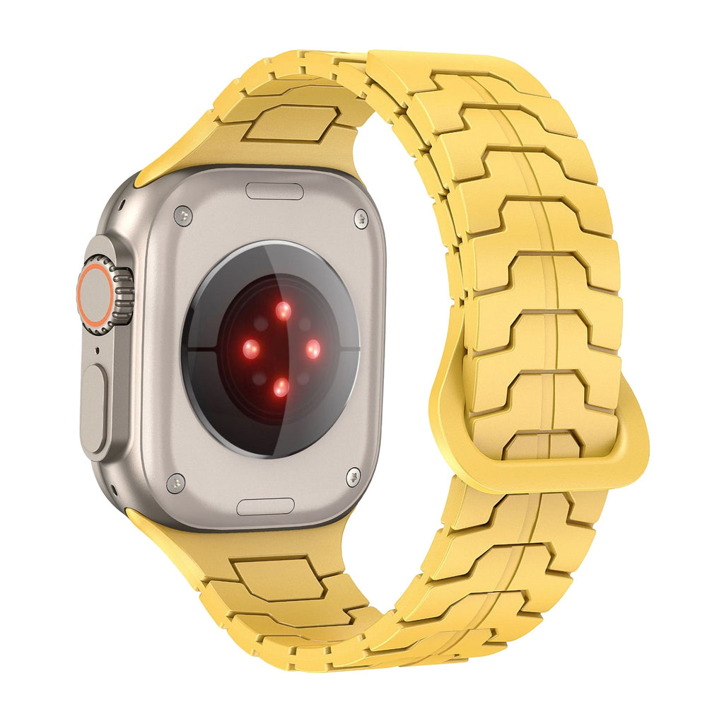 Bracelet en silicone jaune à aspect technique, haute résistance, modèle Ditrix, ajustable pour Apple Watch.
