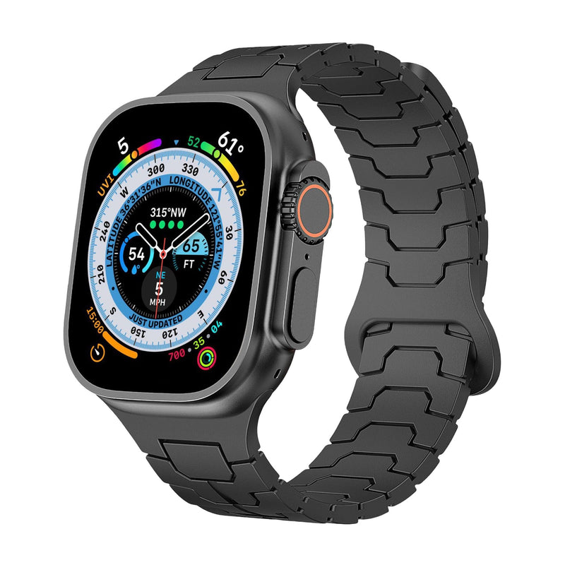 Bracelet technique en silicone noir à maillons, haute résistance, pour Apple Watch 38-42 mm.