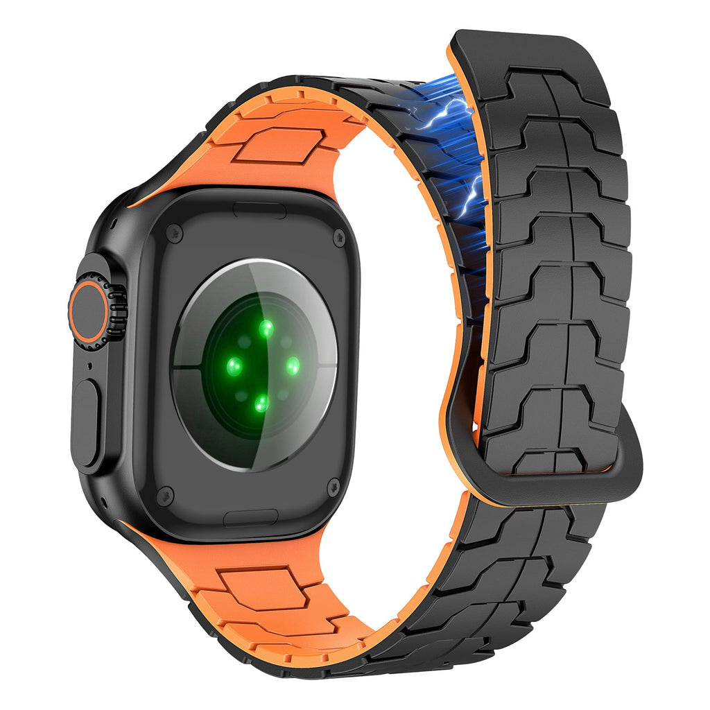Bracelet en silicone noir et orange haute résistance à effet technique pour Apple Watch, ajustable taille 38 à 42 mm.