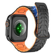 Bracelet en silicone noir et orange haute résistance à effet technique pour Apple Watch, ajustable taille 38 à 42 mm.