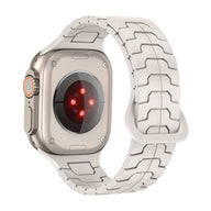 Bracelet en silicone blanc à motif géométrique, style technique, pour Apple Watch, ajustable.