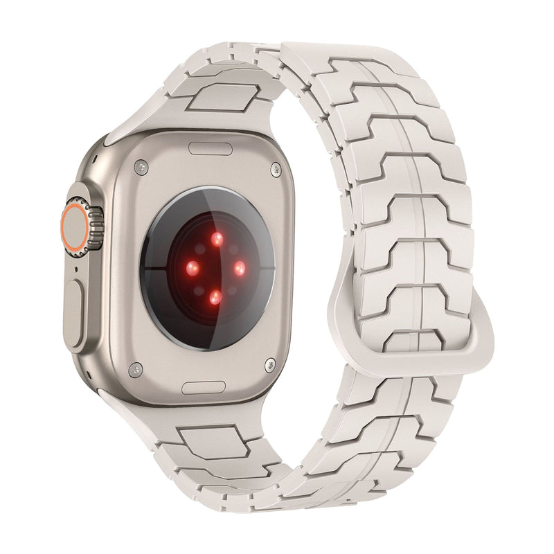 Bracelet en silicone blanc à motif géométrique, style technique, pour Apple Watch, ajustable.