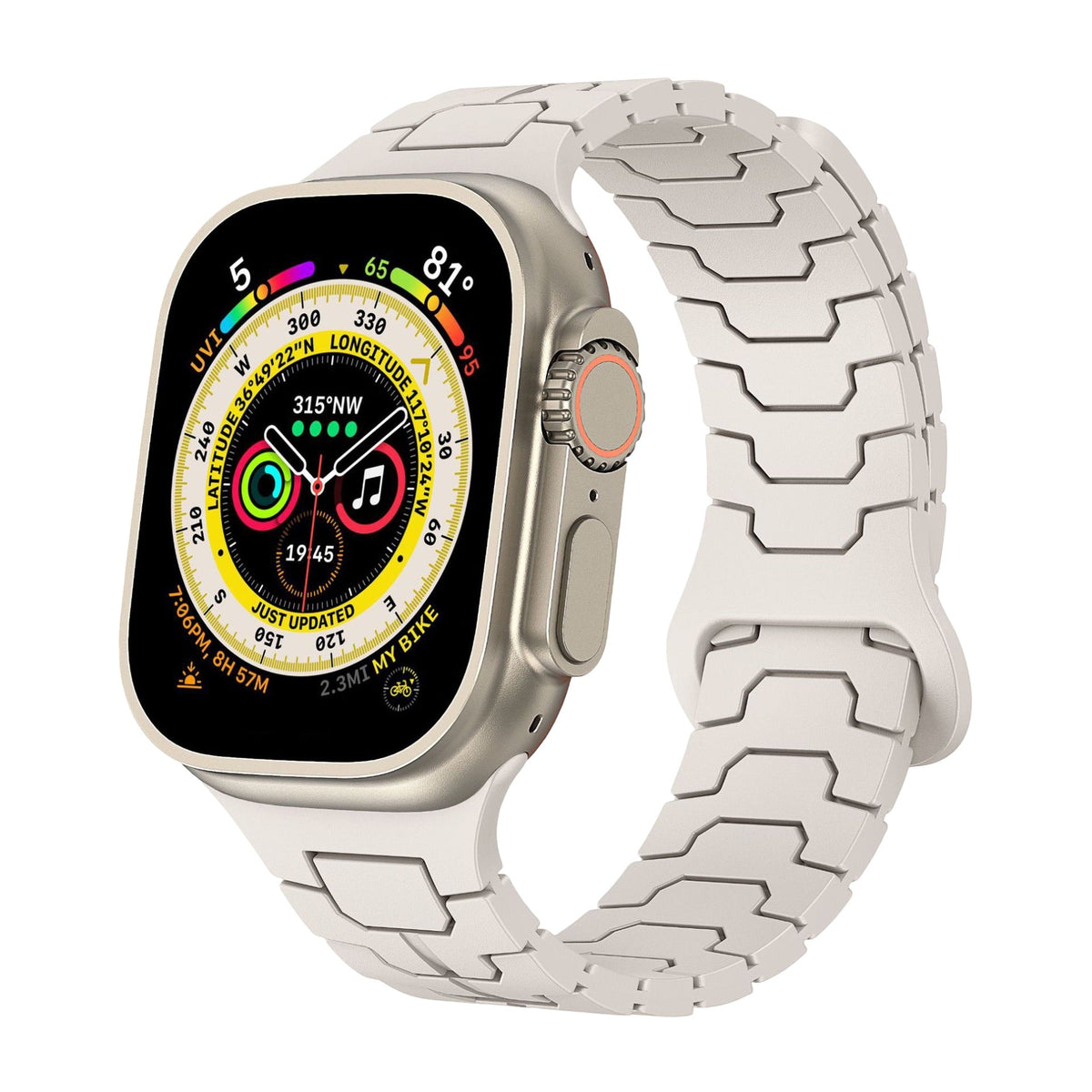 Bracelet en silicone blanc à l'aspect technique avec maillons ajourés pour Apple Watch.