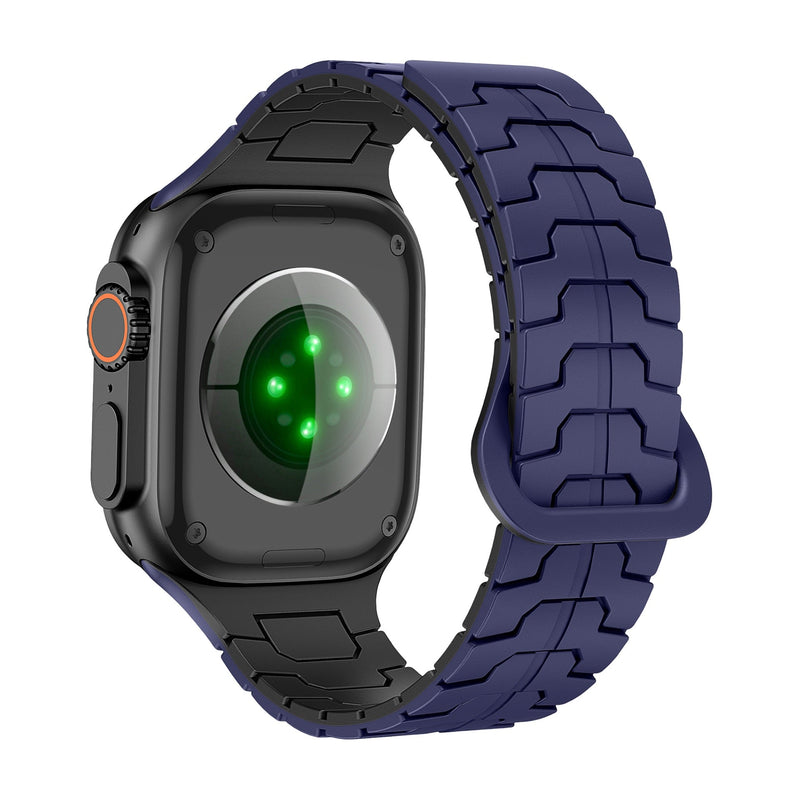 Bracelet en silicone bleu et noir à maillons techniques, haute résistance, pour Apple Watch 38-42 mm.