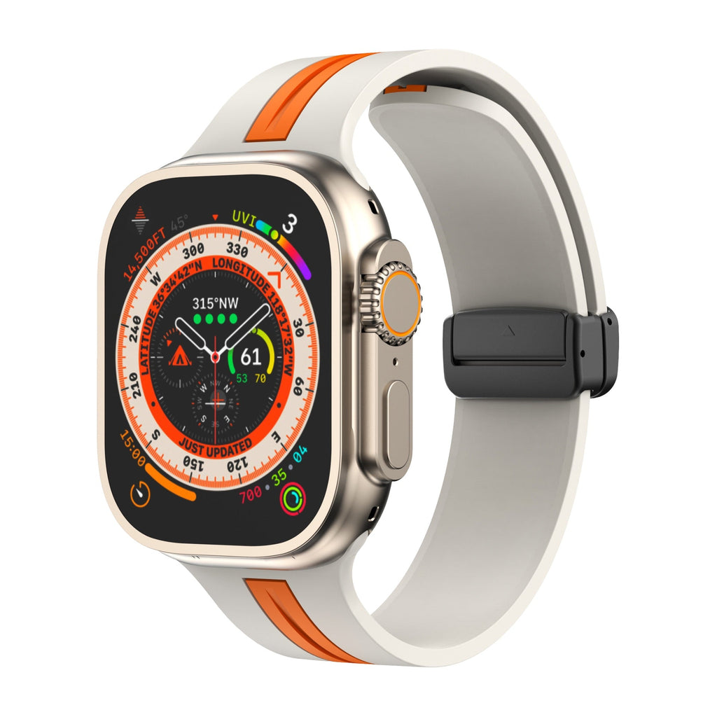 Bracelet silicone blanc avec bande orange centrale pour Apple Watch, design technique et ajustable.