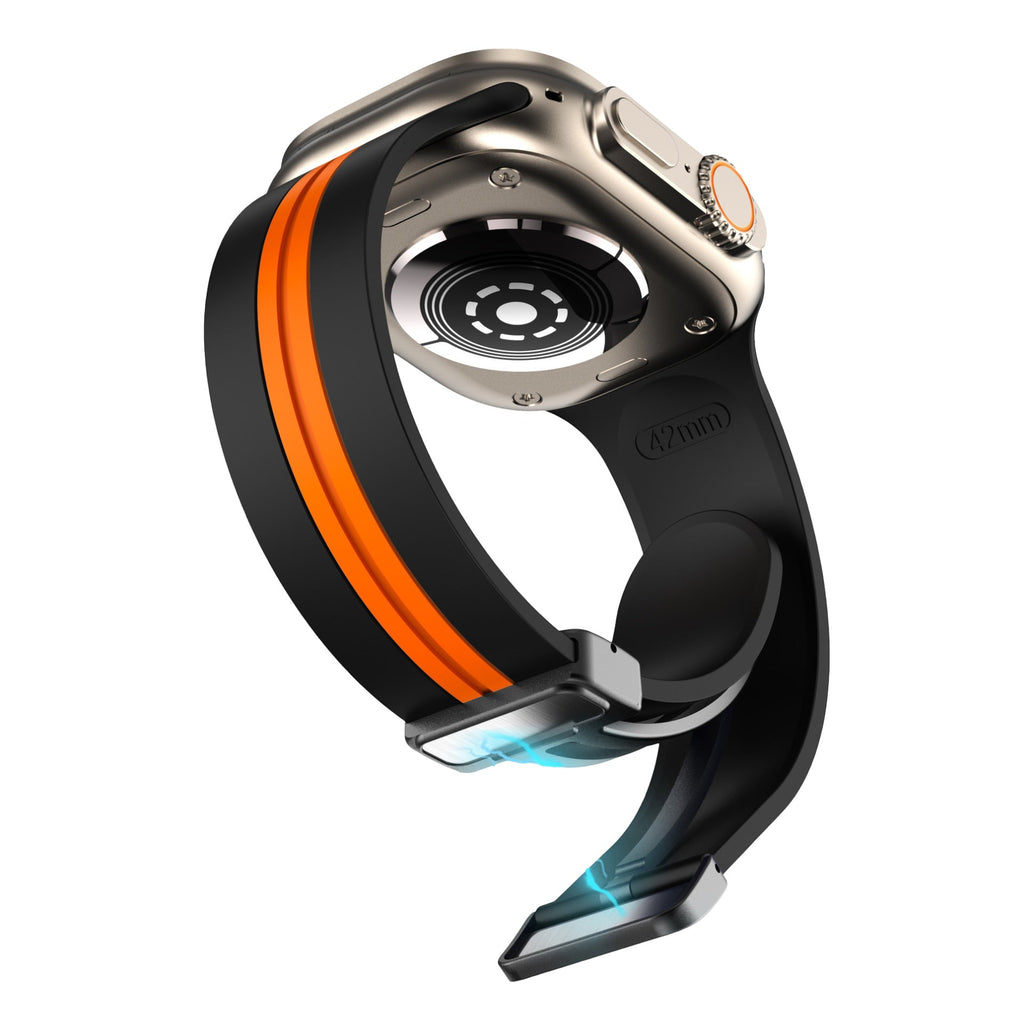Bracelet silicone noir avec bande orange, style technique, ajustable pour Apple Watch.