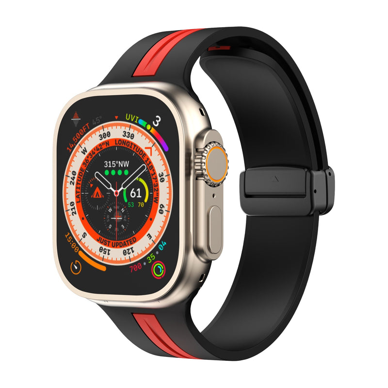 Bracelet silicone noir et rouge technique ajustable pour Apple Watch 38-42 mm.