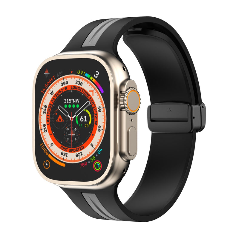 Bracelet en silicone noir avec bande grise, ajustable pour Apple Watch, style technique robuste.