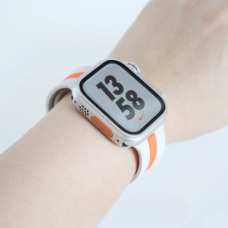 Bracelet silicone blanc et orange ajustable au design technique pour Apple Watch, taille 38-42 mm.