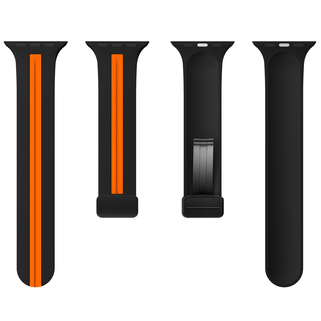 Bracelet silicone noir avec bande centrale orange, aspect technique, ajustable pour Apple Watch.