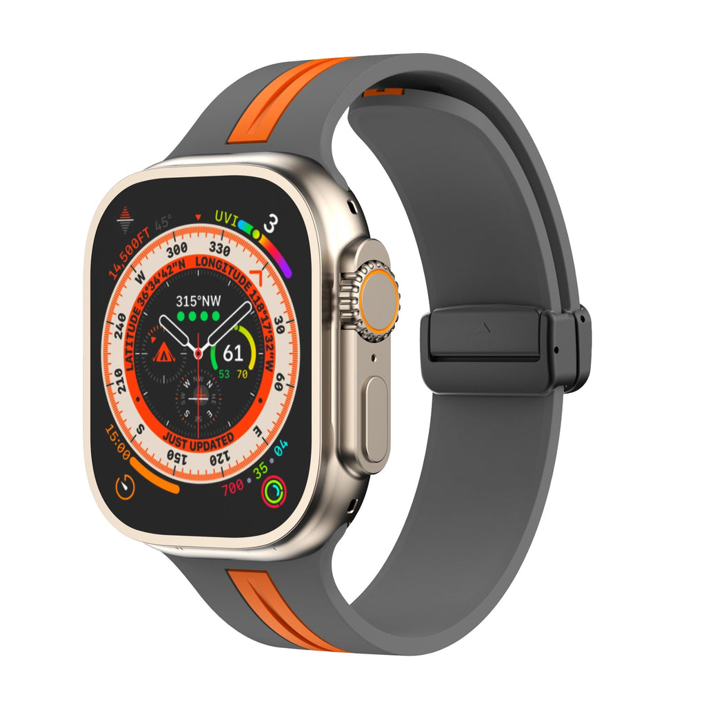 Bracelet silicone noir et orange à l'aspect technique, ajustable pour Apple Watch, modèle Kilère.